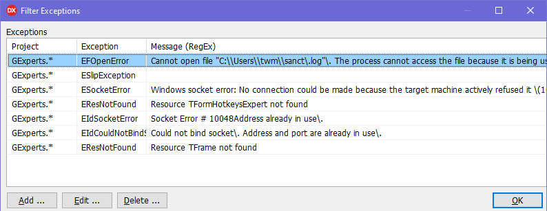 Bind error address already in use. DELPHI отключить gexpert exception. DELPHI exception какие окна бывают.