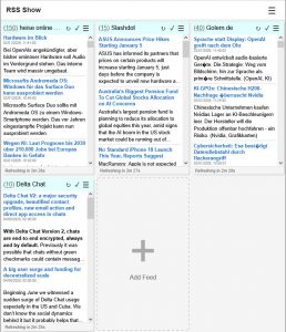 RSS Show main interface showing multiple feeds in a grid layout