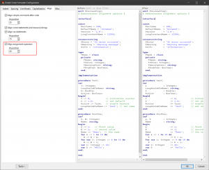 screenshot of Code Formatter configuration dialog showing the Align tab with the new Align assignment operators option