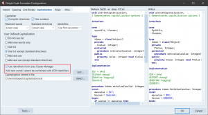 Screenshot: Code Formatter configuration dialog, Capitalization tab, showing the new 