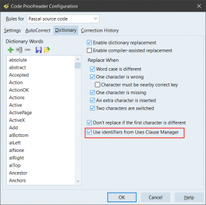 Screenshot: Code Proofreader configuration dialog, Dictionary tab, showing the new 