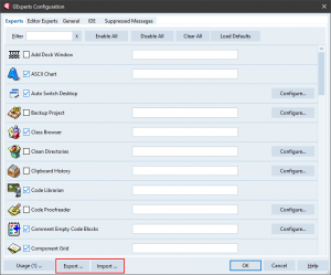 GExperts Configuration dialog with Import and Export buttons