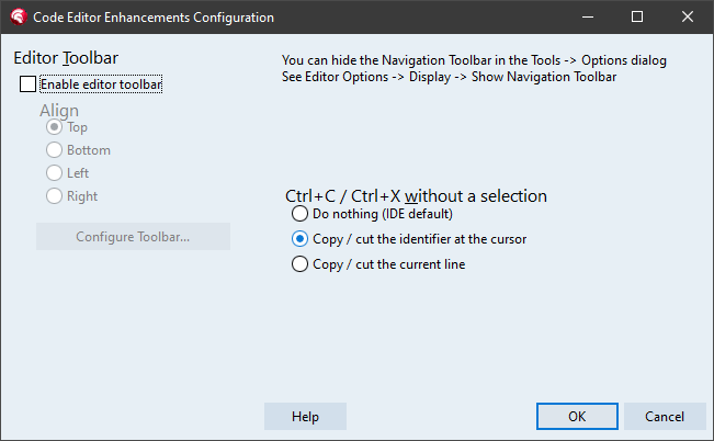 The Code Editor Enhancements Configuration dialog with the new group Ctrl+C / Ctrl+X without a selection